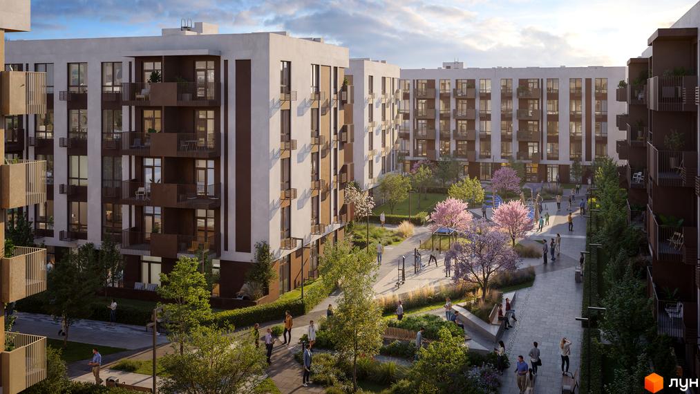 Зображення фасаду та прибудинкової території Житлового комплексу Нова Сторожниця. На фото видно людей, дерева та дитячий майданчик.