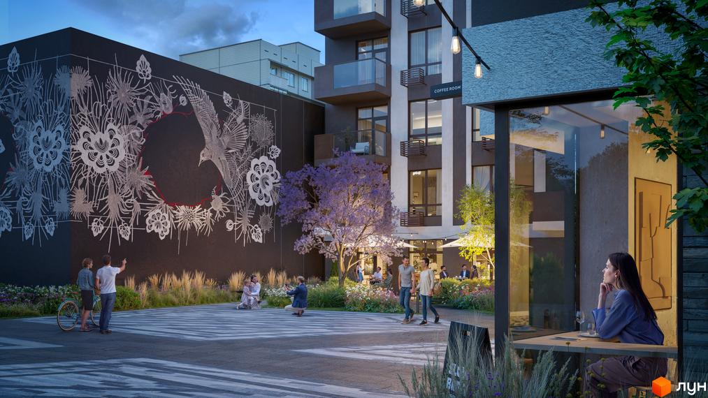 Житловий комплекс Нова Сторожниця з великою стіною з муралом, зонами відпочинку та кафе. Навколо комплексу зелена зона з деревами та квітами.