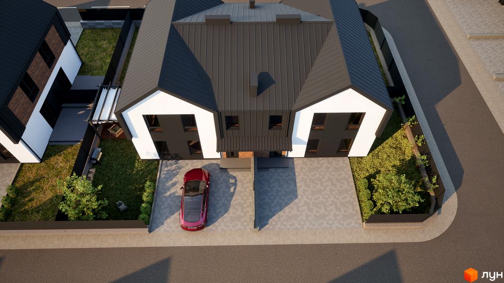 Котеджне містечко West House Park. Зовнішній вигляд будинку з темним дахом та білими фасадами, прибудинкова територія з газоном та червоним автомобілем.