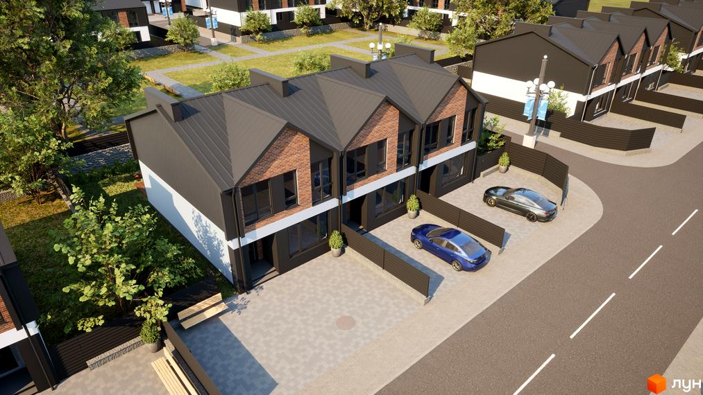Зображення будинків Котеджного містечка West House Park з червоної цегли з чорним дахом та припаркованими автомобілями.
