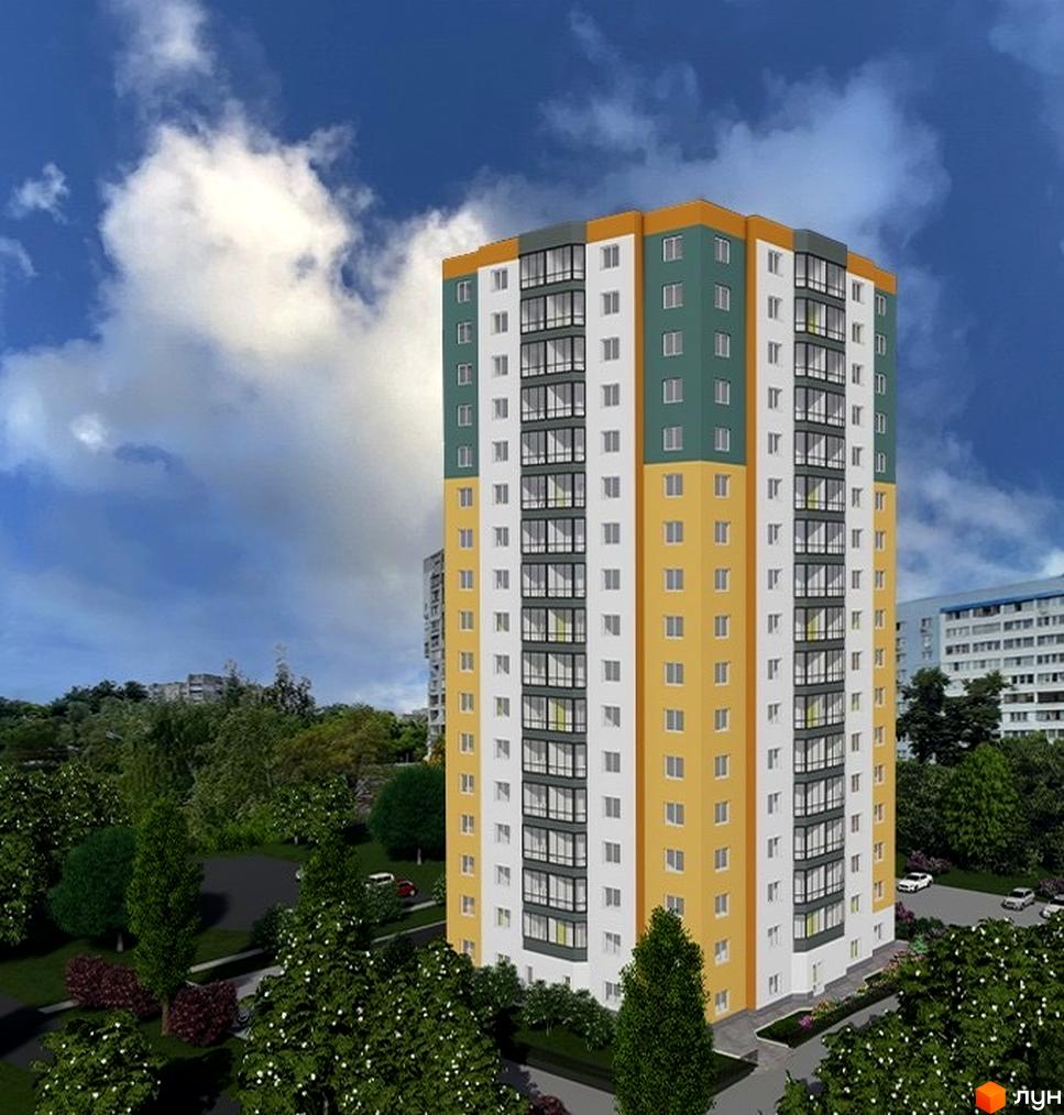 Зображення багатоповерхового будинку в Житловому комплексі VOLDIM з великою кількістю вікон та прибудинковою територією з деревами.