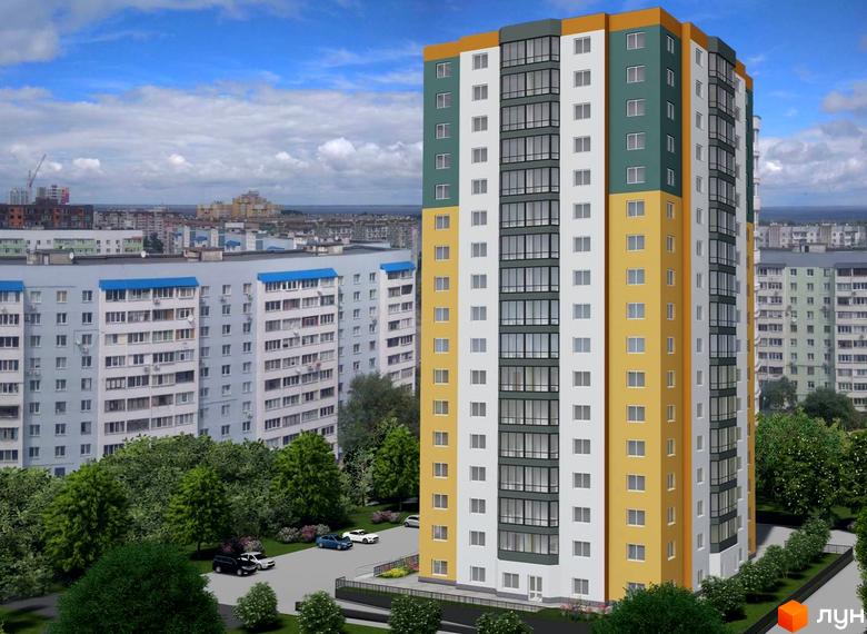 Зовнішній вигляд новобудови ЖК VOLDIM з жовто-зеленими фасадами та великою кількістю вікон. Навколо будинку зелені насадження та парковка з автомобілями.