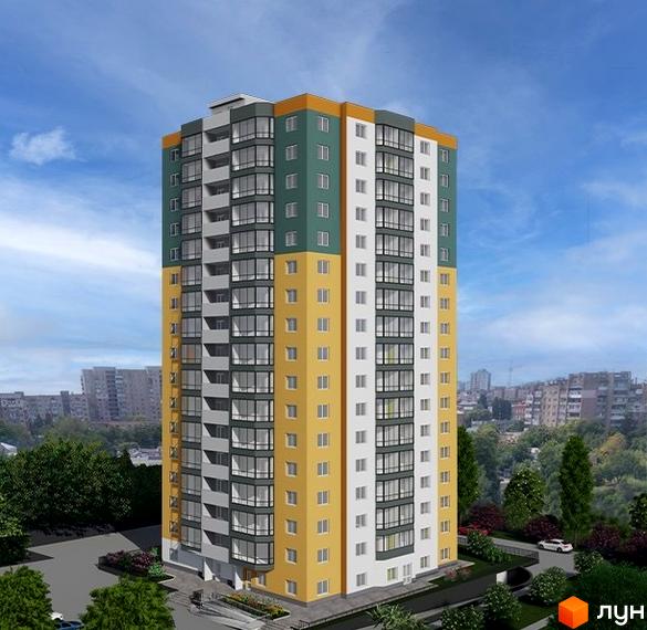 Новобудова ЖК VOLDIM – це багатоповерховий будинок з жовтими, зеленими та білими фасадами, великими вікнами та балконами. Навколо будинку розташована зелена зона з деревами та кущами.