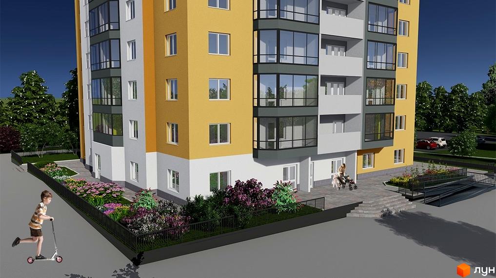 Зображення фасаду Житлового комплексу VOLDIM. Багатоповерховий будинок з жовтими та сірими стінами, великими вікнами та балконами.