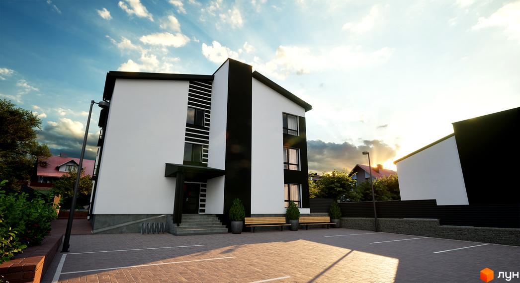 Клубний будинок West House з біло-чорним фасадом та парковкою перед ним. Навколо будинку зелені насадження та лавки для відпочинку.