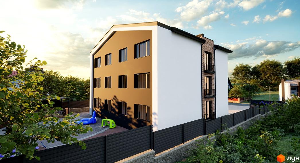 Клубний будинок West House з білою та коричневою обшивкою, вікнами та балконами. На прибудинковій території дитячий майданчик з гіркою та воротами.