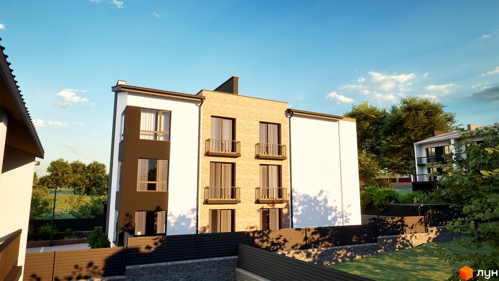 Зображення фасаду Клубного будинку West House з балконами. Навколо будинку зелені насадження та огороджена територія.