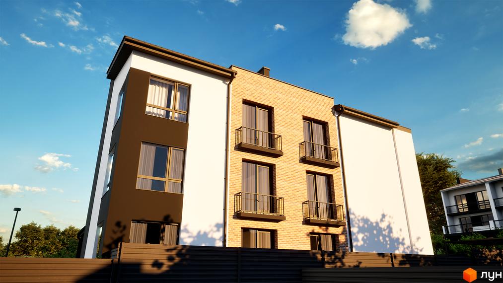 Зображення будинку в Клубному будинку West House. Фасад з вікнами та невеликими балконами, прибудинкова територія з огорожею.