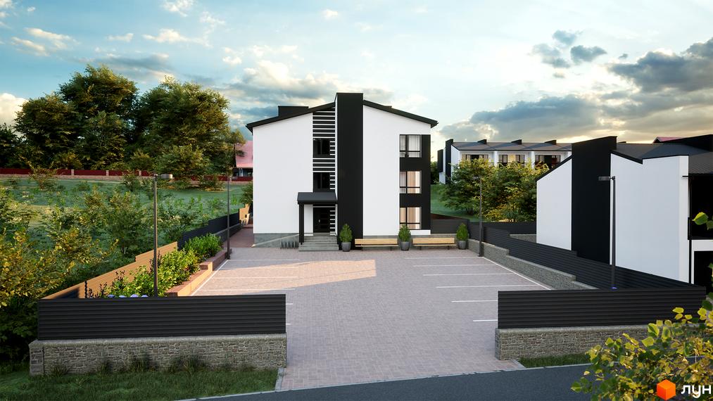 Клубний будинок West House з біло-чорним фасадом та парковкою перед ним. Навколо будинку зелені насадження та паркан.