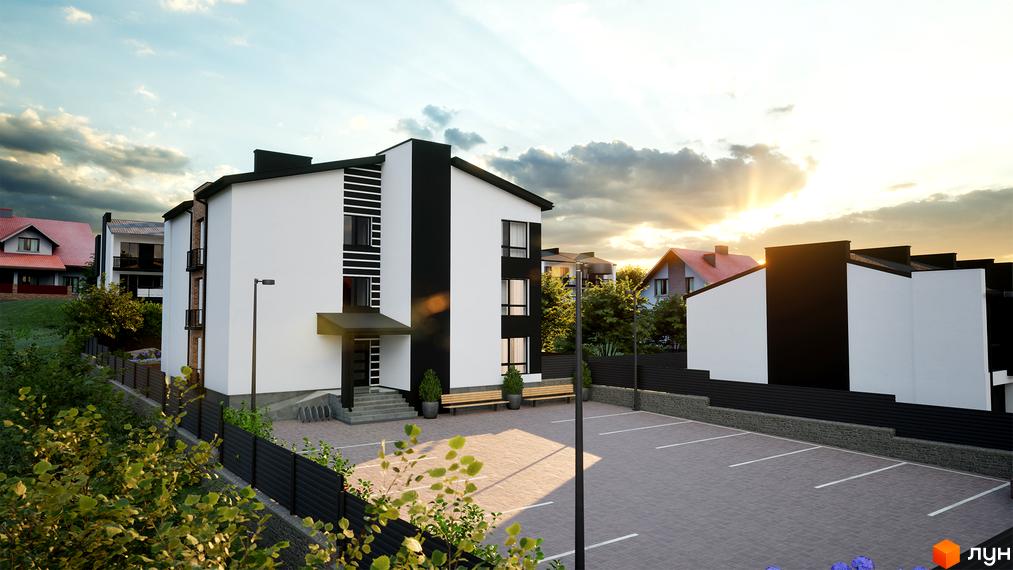Зображення будинку West House. Триповерхова будівля з парковкою та лавками біля входу.