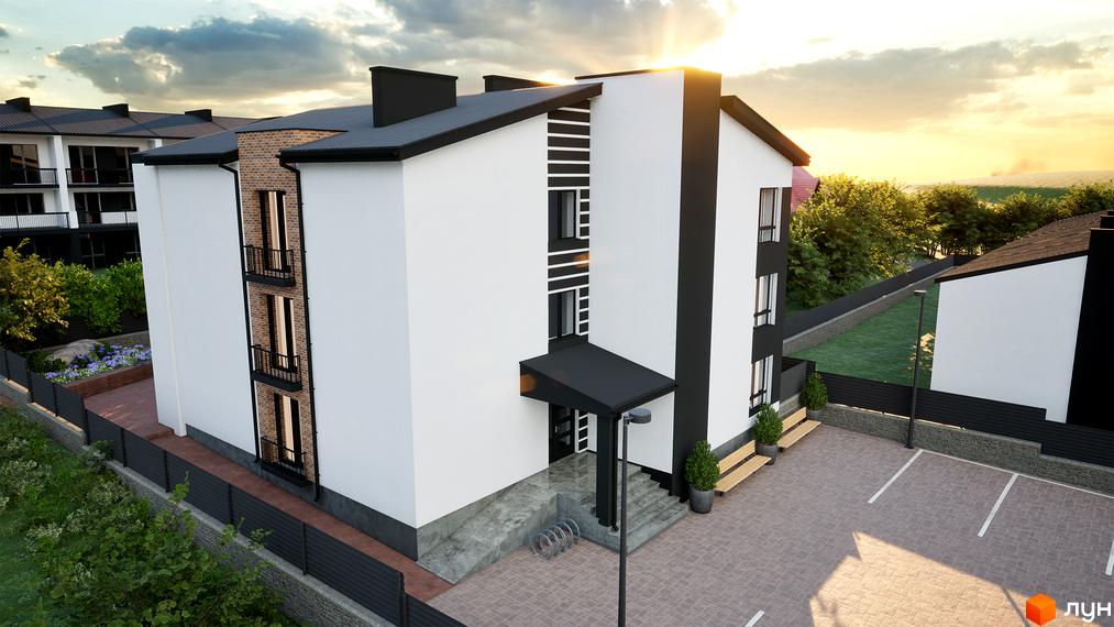 Клубний будинок West House з білою фасадною частиною та цегляними вставками, з прибудинковою територією та парковкою.