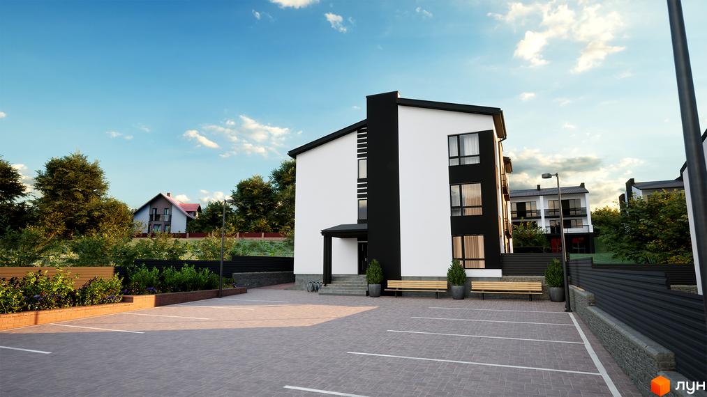 Клубний будинок West House має білий фасад з чорними елементами та панорамними вікнами. Перед будинком розташований паркінг та зелена зона з лавками.