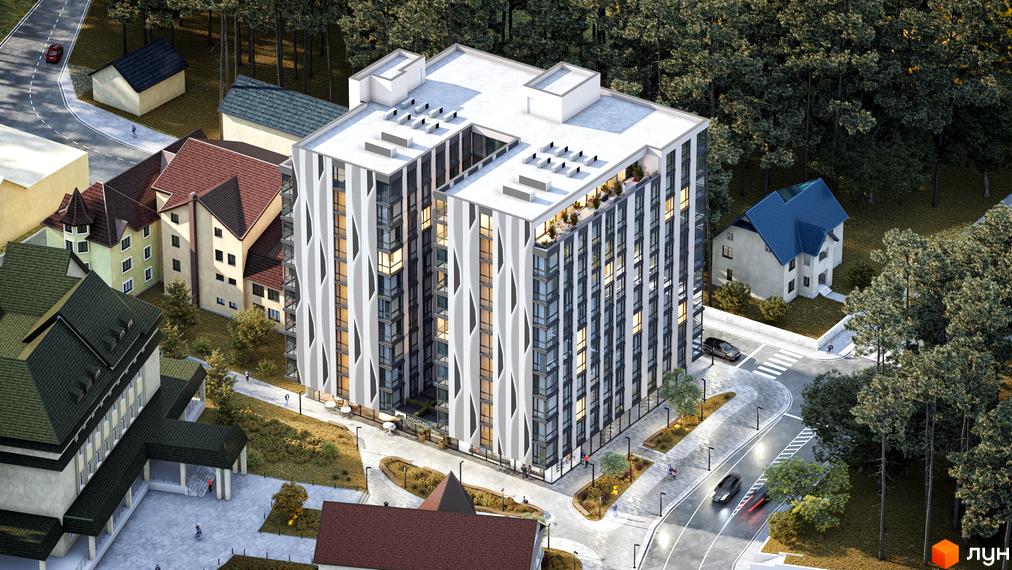 Апарт-комплекс Smart Hill з біло-сірим фасадом та великою кількістю вікон, розташований серед дерев. На прибудинковій території є дороги, пішохідні доріжки та зелені насадження.