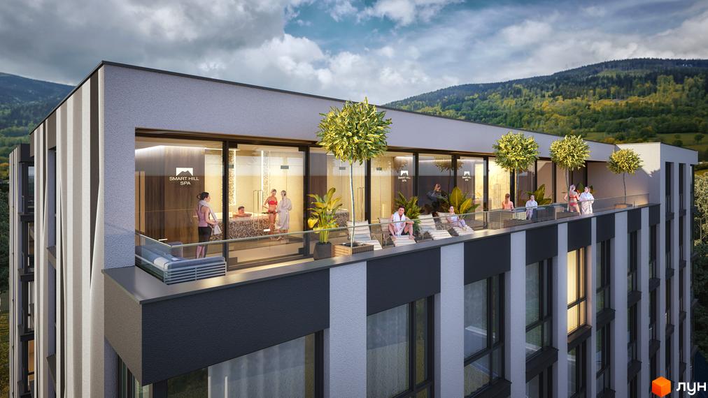 Апарт-комплекс Smart Hill з терасою та зоною відпочинку на даху, що виходить на гірський пейзаж. Зовнішній вигляд будівлі з вертикальними елементами.