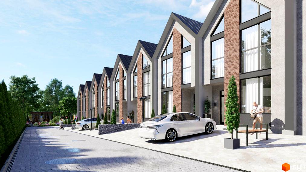 Таунхауси SVITLE з великими вікнами та цегляними вставками, прибудинкова територія з доглянутими деревами та автомобілями.