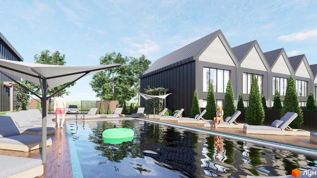 Таунхауси SVITLE з басейном та шезлонгами. Сучасні будинки з темним фасадом та двосхилим дахом.