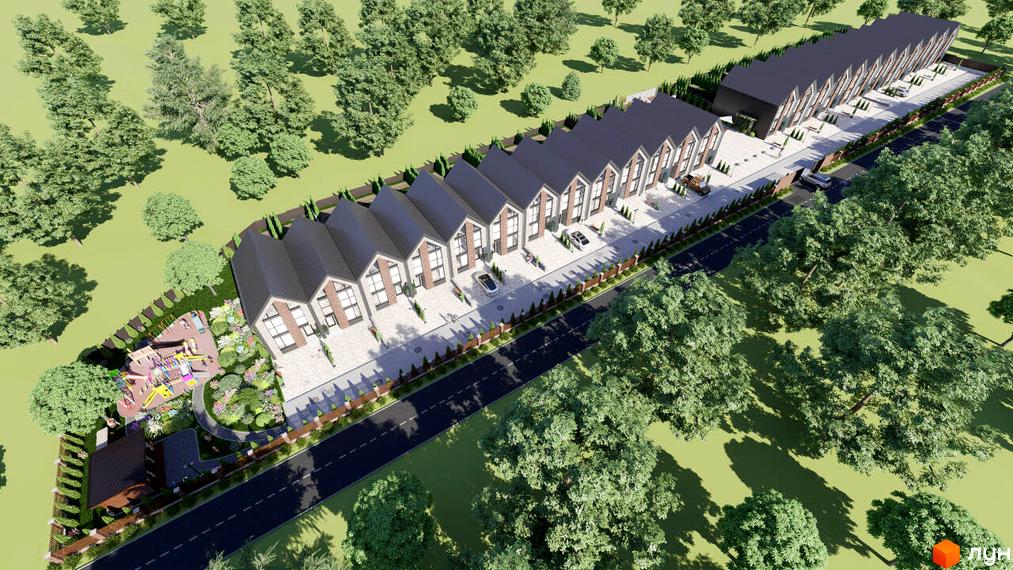 Таунхауси SVITLE: вид зверху на сучасні будинки з темними дахами та цегляними фасадами, поруч дитячий майданчик та зелена зона.