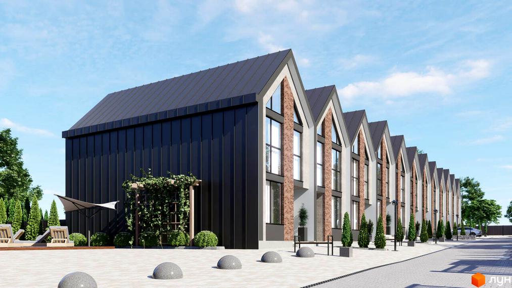 Зображення таунхаусів SVITLE з чорним дахом та великими вікнами. Навколо будинків доглянута територія з ландшафтним дизайном.