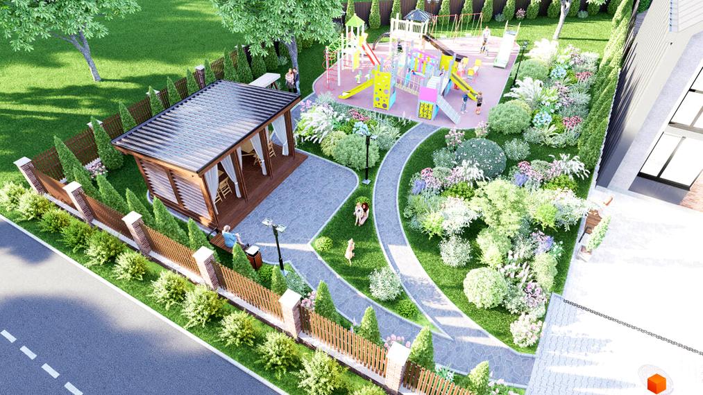 Вигляд таунхаусів SVITLE з прибудинковою територією, де є дитячий майданчик, зелені насадження та місця для відпочинку.