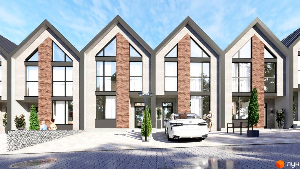 Таунхауси SVITLE з цегляними елементами фасаду та великими вікнами. Перед будинками розташована прибудинкова територія з автомобілем та зеленими насадженнями.