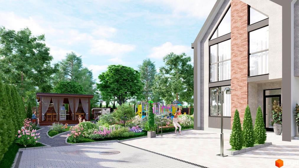 Таунхауси SVITLE: сучасний фасад будинку з великими вікнами та цегляною вставкою, поруч зелена зона з дитячим майданчиком та альтанкою.