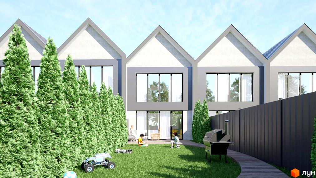 Зображення таунхаусів SVITLE з великими вікнами та зеленим газоном. На території граються діти, стоїть мангал.