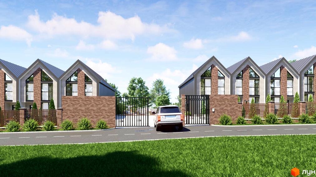 Зображення таунхаусів SVITLE з великими вікнами та загостреними дахами. Перед будинками розташована дорога та зелений газон.