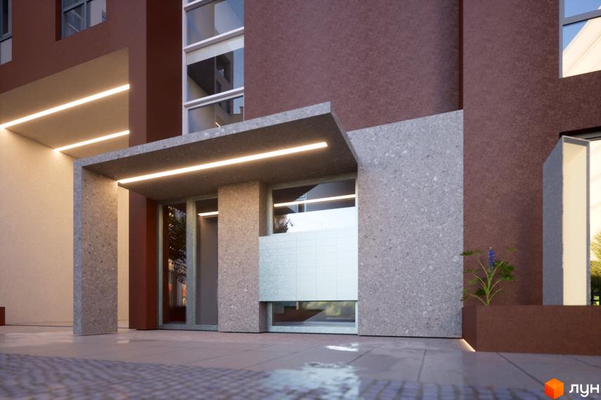 Фасад будинку Житлового комплексу САБ Борислав з вхідною групою та озелененням. Вигляд новобудови ззовні.