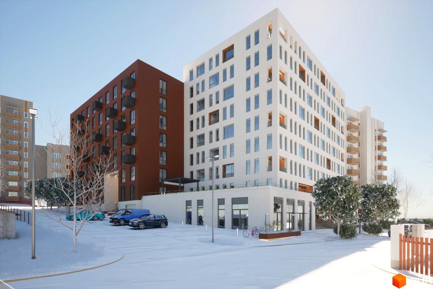 Зображення фасаду Житлового комплексу САБ Борислав. На фото будівля та припарковані авто на прибудинковій території.