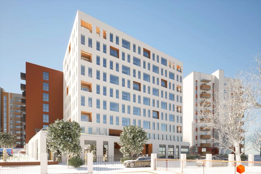 Зображення фасаду та прибудинкової території Новобудови САБ Борислав. Багатоповерховий будинок з великою кількістю вікон.