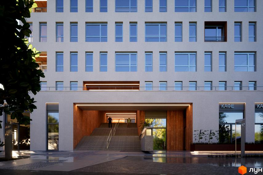 Фасад житлового комплексу САБ Борислав з великою кількістю вікон та входом до сходів. Біля будинку розташовані кафе та зелені насадження.