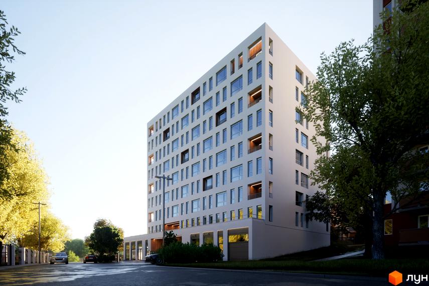 Житловий комплекс САБ Борислав - це багатоповерхова новобудова з численними вікнами та балконами. Перед будинком розташована дорога з автомобілями та зелені насадження.