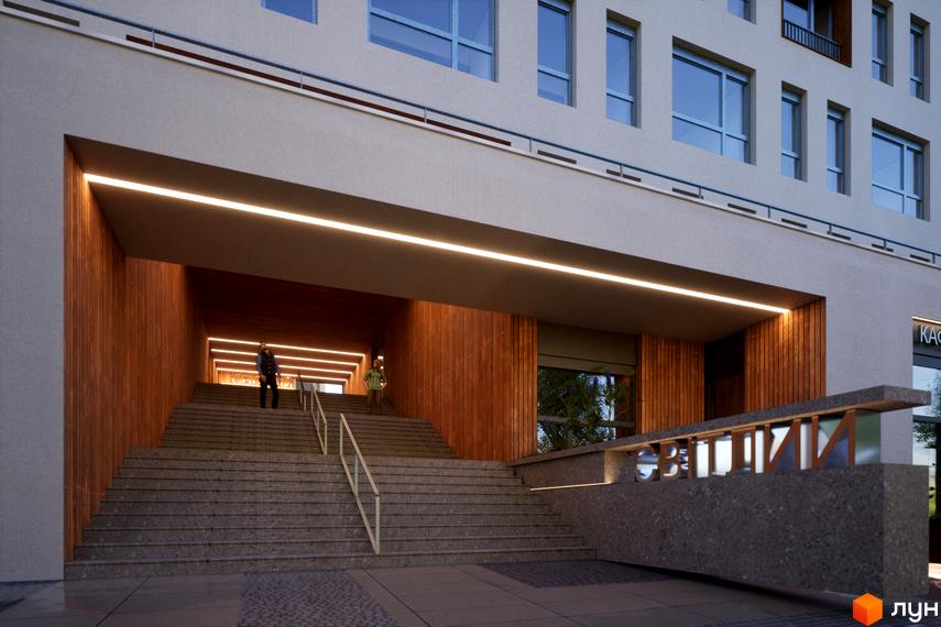 Житловий комплекс САБ Борислав з великими сходами та дерев'яними елементами фасаду, що веде до входу. Зовнішній вигляд новобудови.