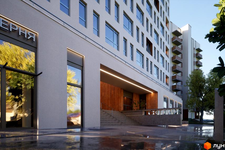 Зовнішній вигляд новобудови ЖК САБ Борислав з великими вікнами та вхідною групою. Прибудинкова територія з деревами та відображеннями на мокрому асфальті.