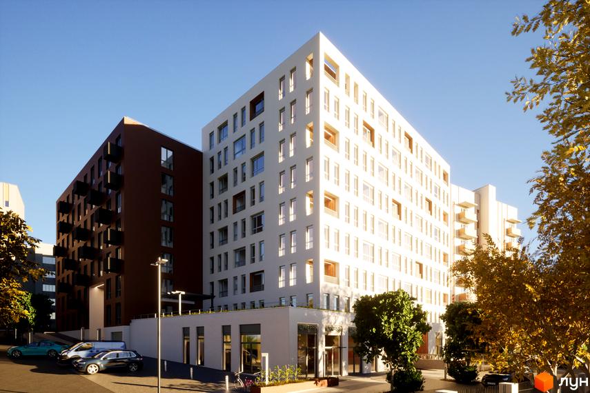 Новобудова ЖК САБ Борислав з білим та коричневим фасадами, балконами та парковкою біля будинку.