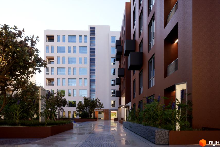 Зображення фасаду та прибудинкової території Житлового комплексу САБ Борислав. Вигляд новобудови з озелененням та пішохідною зоною.