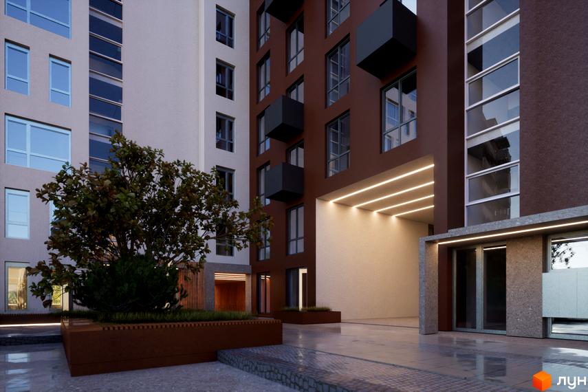 Зображення фасаду та прибудинкової території Житлового комплексу САБ Борислав. На передньому плані зелені насадження.