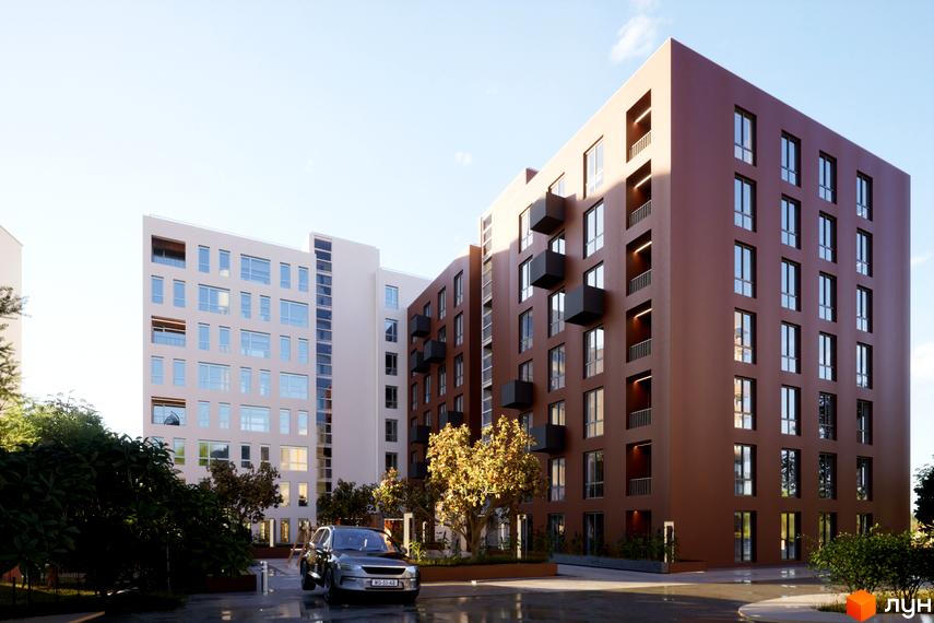 Зображення фасаду та прибудинкової території Житлового комплексу САБ Борислав. На передньому плані автомобіль та дерева.