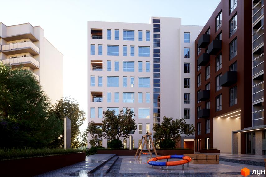 Зовнішній вигляд Житлового комплексу САБ Борислав з великими вікнами та коричневими балконами. На подвір'ї дитячий майданчик та зелені насадження.