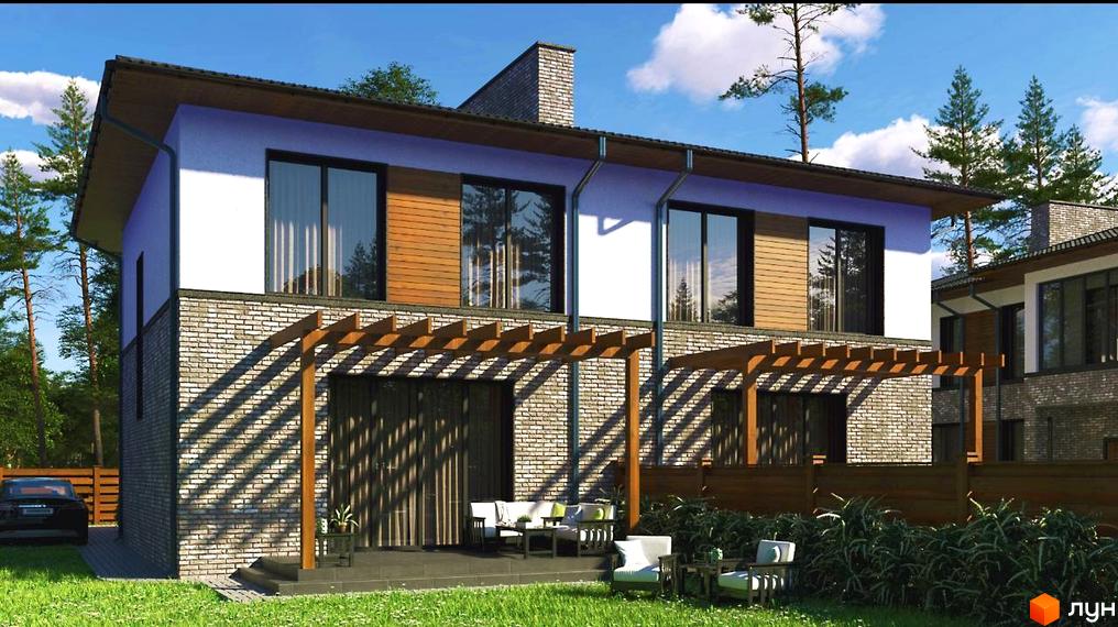 Зображення двоповерхового будинку в Котеджному містечку Irpin Garden з терасою та зеленим газоном перед ним.