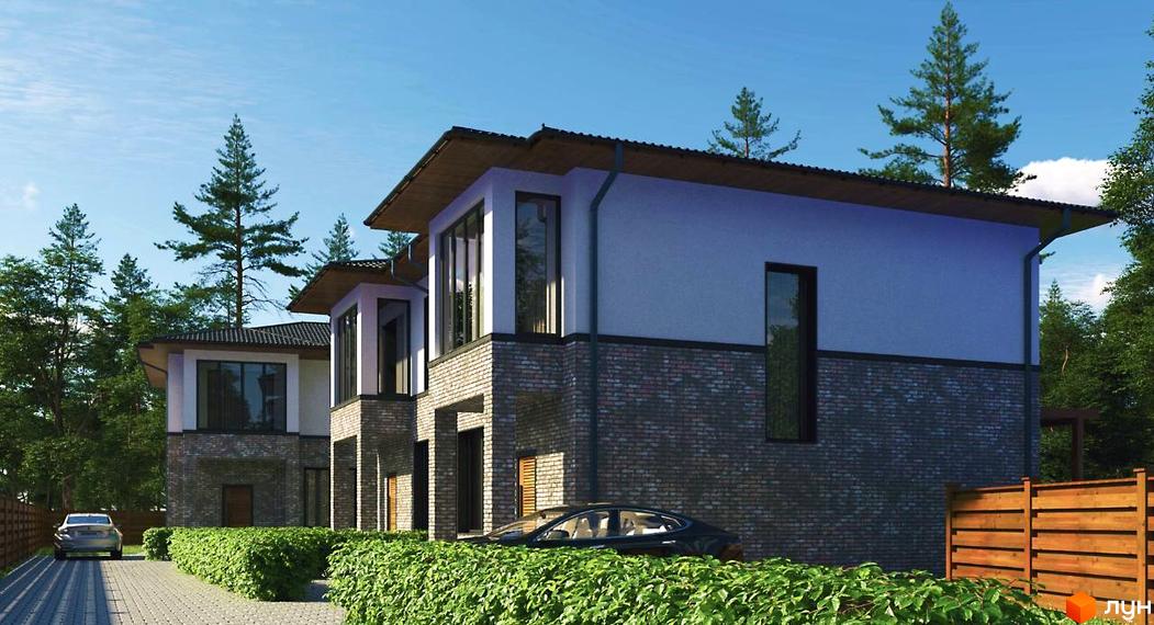 Зображення Котеджного містечка Irpin Garden: двоповерхові будинки з цегляною кладкою та великими вікнами. Навколо зелені насадження та доглянута територія.