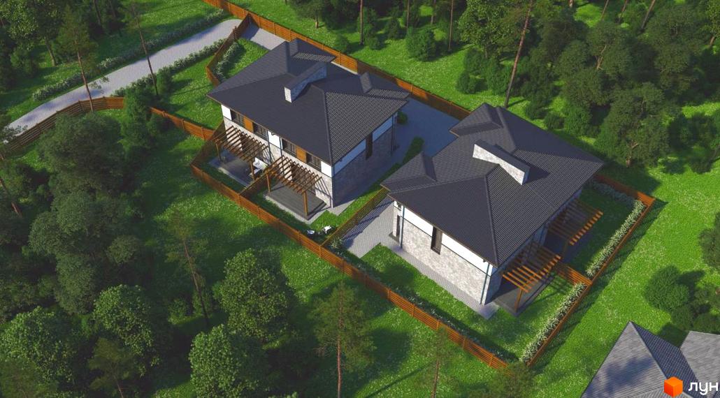 Котеджне містечко Irpin Garden: двоповерхові будинки з темним дахом та світлими стінами, огороджена територія з зеленим газоном та деревами.