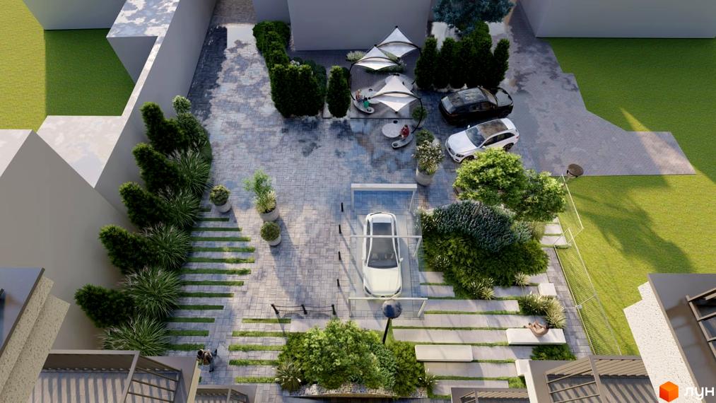 Вид на житловий комплекс AcademHoff з прибудинковою територією, автомобілями та зонами відпочинку. Зелені насадження та бруківка створюють затишну атмосферу.