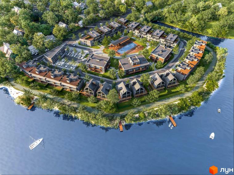 Котеджне містечко Concept Riviera: вид зверху на будинки з терасами та басейном, розташовані біля води. На території комплексу є парковка та зелені зони.