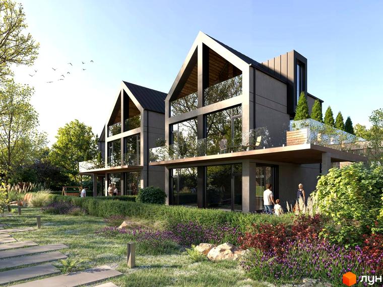 Котеджне містечко КМ Concept Riviera з двома будинками з великими вікнами та терасами, оточене зеленню та квітами.