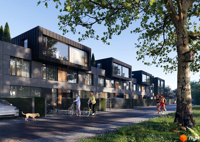 Котеджне містечко Concept Riviera. Сучасні будинки з великими вікнами та зеленою територією, де люди гуляють та їздять на велосипедах.