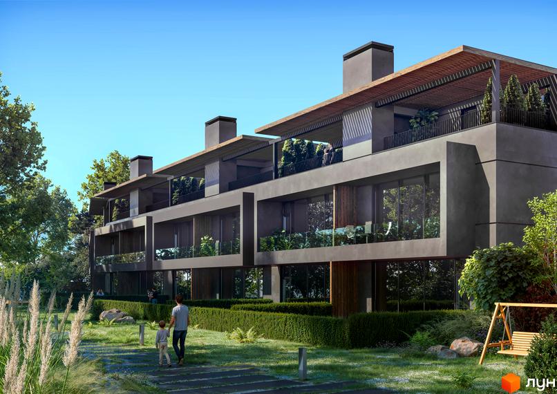 Котеджне містечко Concept Riviera: триповерхові будинки з терасами та великими вікнами, зелена прибудинкова територія з доріжками та гойдалкою.