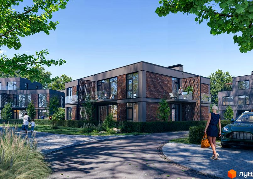 Котеджне містечко Concept Riviera. Будинки з цегляним фасадом та великими вікнами, прибудинкова територія з доріжками та зеленню.