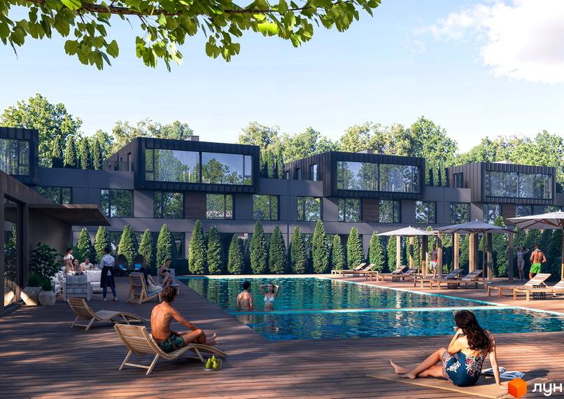 Котеджне містечко Concept Riviera з басейном та зоною відпочинку. Сучасні будинки з великими вікнами та зеленою територією.