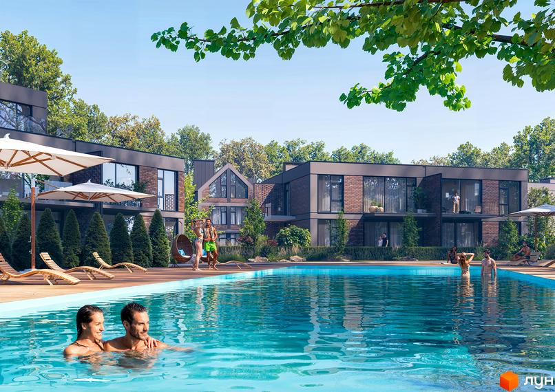 Котеджне містечко КМ Concept Riviera з басейном та відпочиваючими. Сучасна архітектура будинків з цегляним оздобленням та великими вікнами.